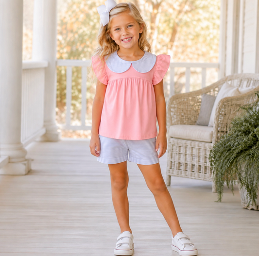 Girls Pink With Blue & White Stripes Summer Set