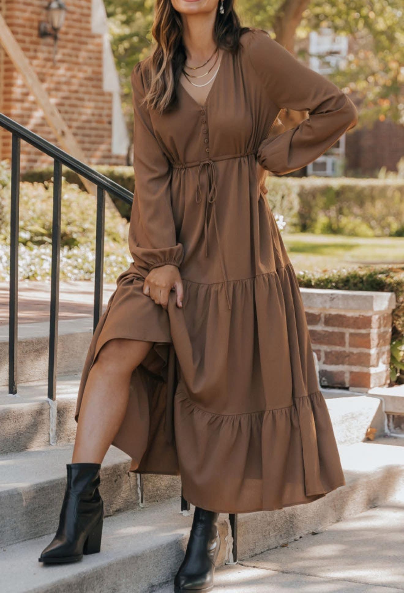 Chestnut Solid Long Sleeve Button V Neck Tiered Maxi Dress - PREORDER