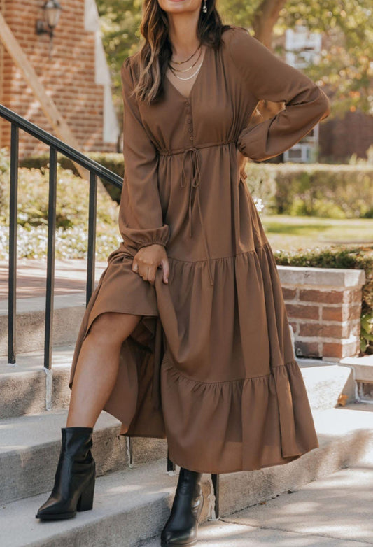 Chestnut Solid Long Sleeve Button V Neck Tiered Maxi Dress - PREORDER