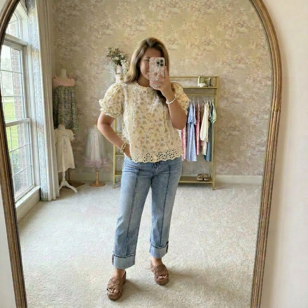 Denim Center Seam Cuffed Hem Straight High Waist Jeans - PREORDER