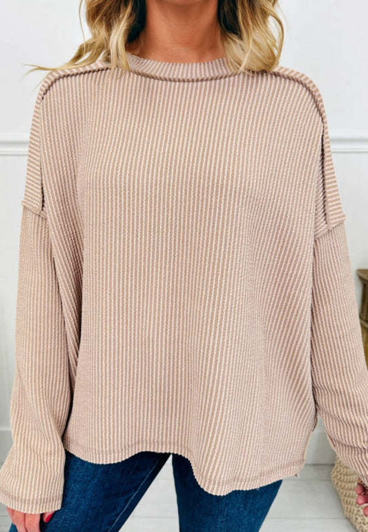 Tan Twist Ribbed Exposed Seam Detail Long Sleeve Loose Top - PREORDER