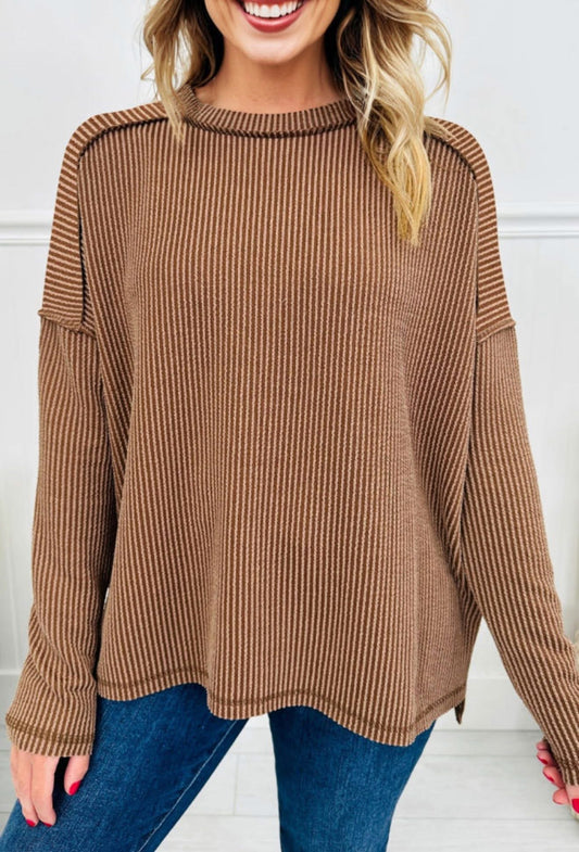 Dark Khaki Twist Ribbed Exposed Seam Detail Long Sleeve Loose Top - PREORDER