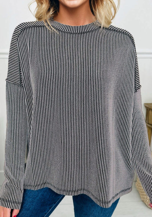Black Twist Ribbed Exposed Seam Detail Long Sleeve Loose Top - PREORDER