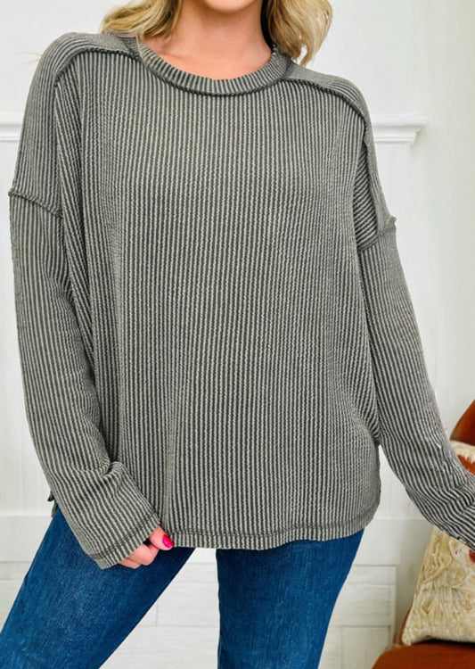 Green Bay Twist Ribbed Exposed Seam Detail Long Sleeve Loose Top - PREORDER