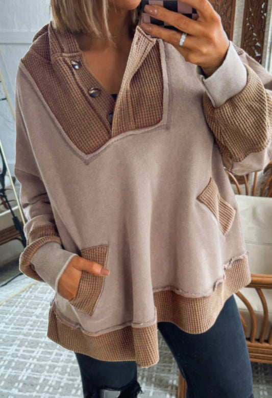 Oversized Waffle Patchwork Exposed Seam Casual Hoodie Plus Size - PREORDER