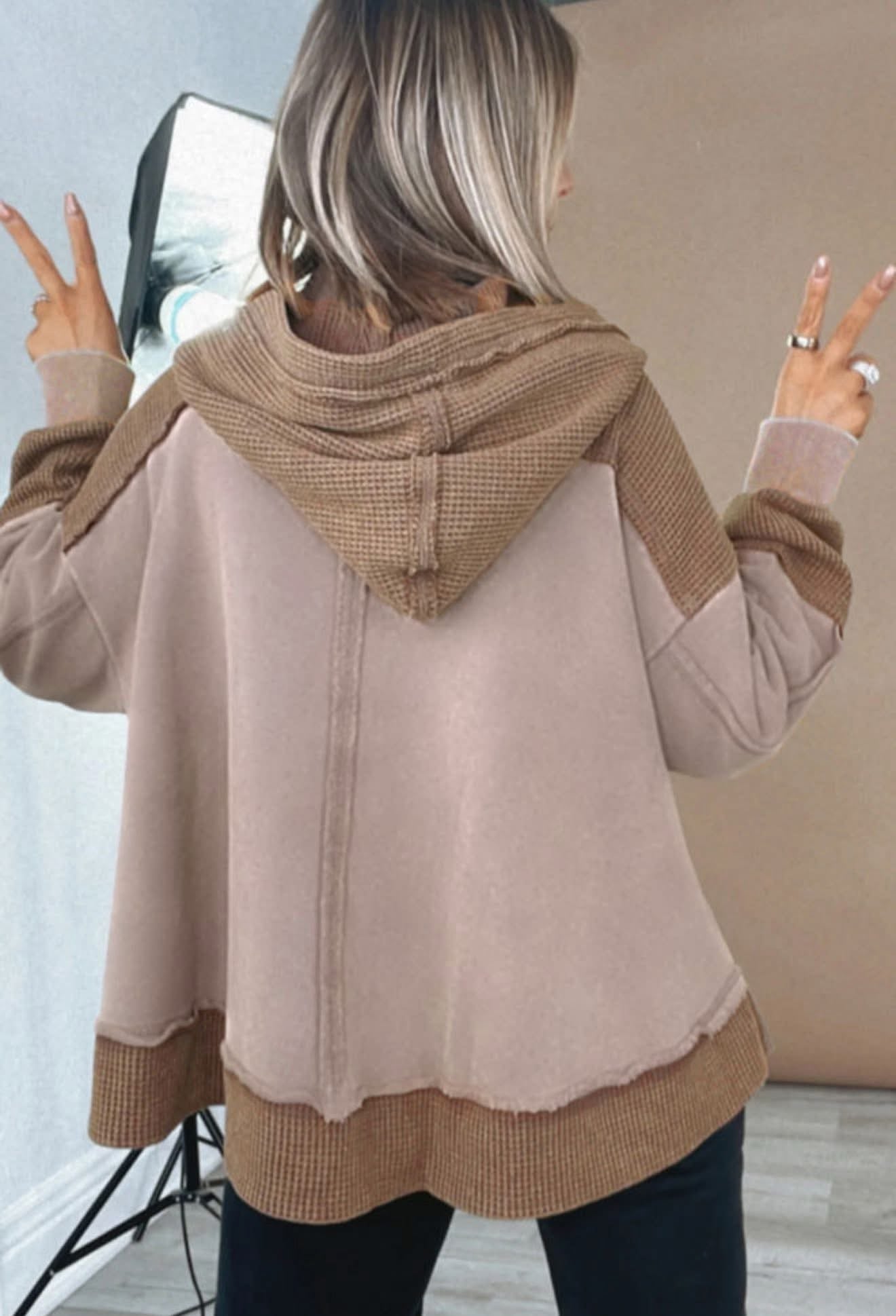 Oversized Waffle Patchwork Exposed Seam Casual Hoodie Plus Size - PREORDER