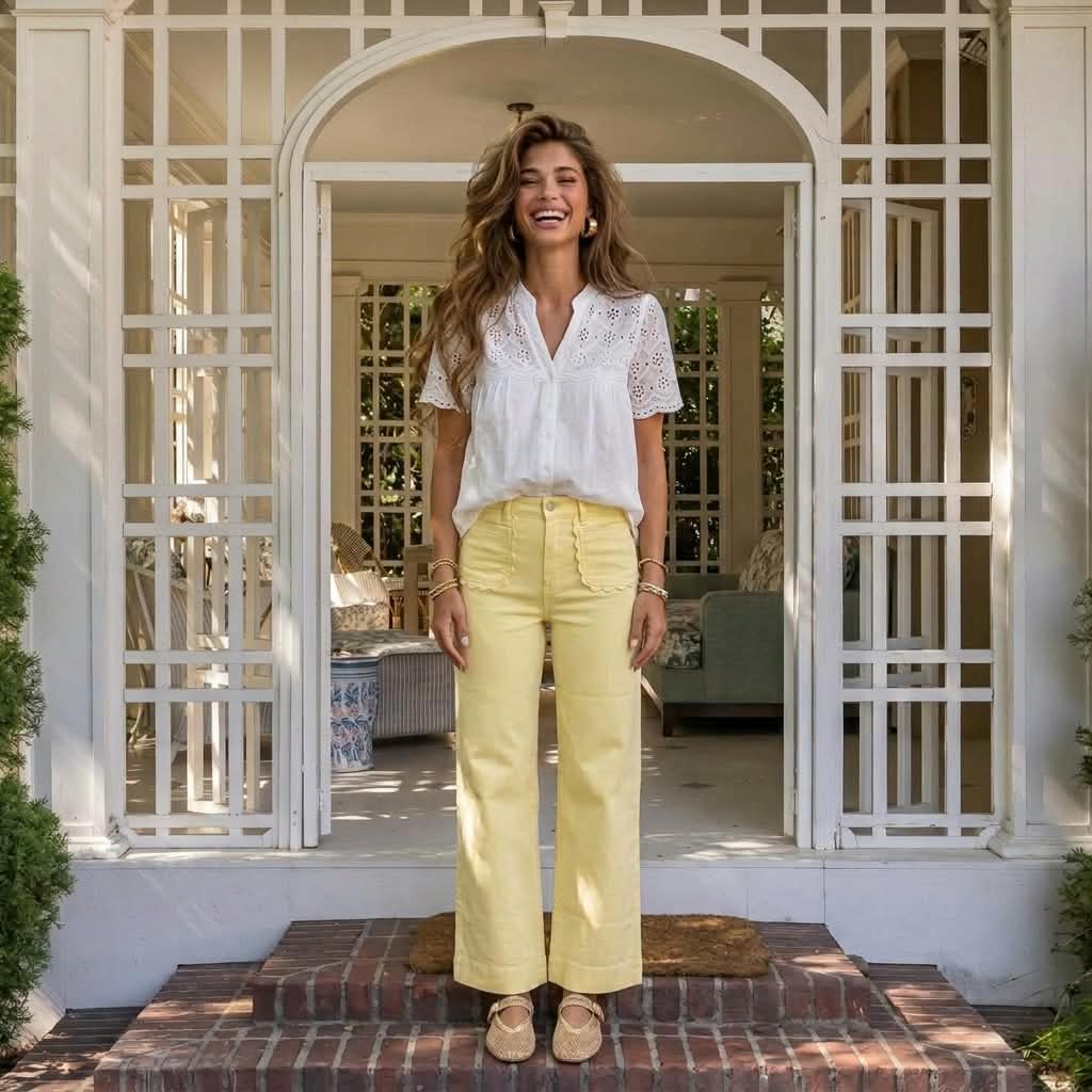 Yellow Solid Color Scalloped Patch Pocket Shift Jeans
