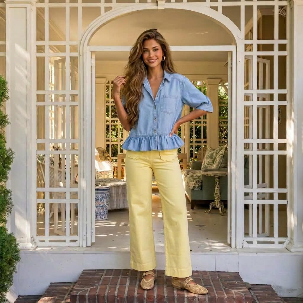 Yellow Solid Color Scalloped Patch Pocket Shift Jeans