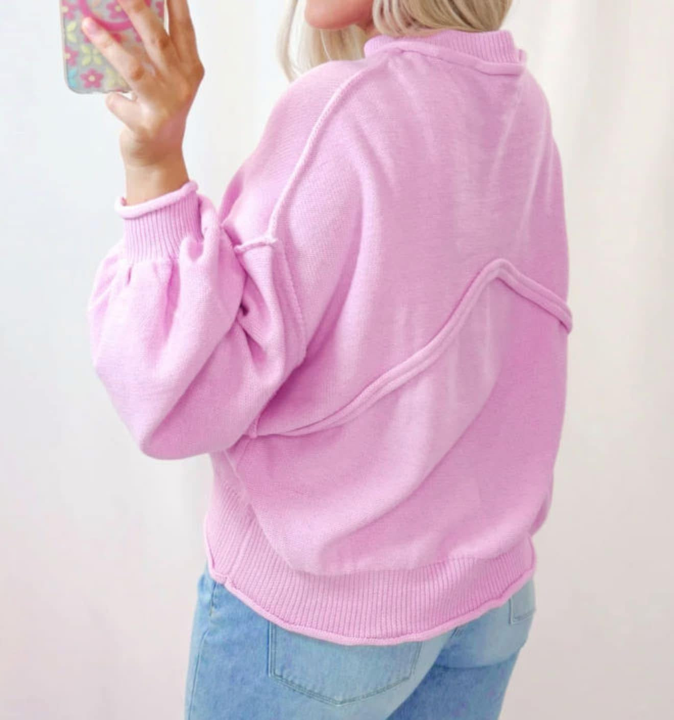 Pink Raw Edge Ribbed Detail Drop Shoulder Sweater PREORDER