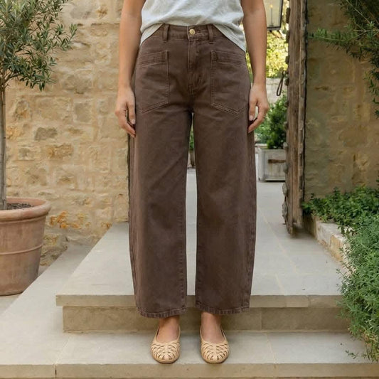 Coffee Solid Color Square Patch Pocket Ankle-length Barrel Jeans