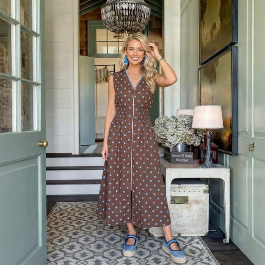 Brown Polka Dot Print Contrast Trim V Neck Zip Up Sleeveless Dress - PREORDER