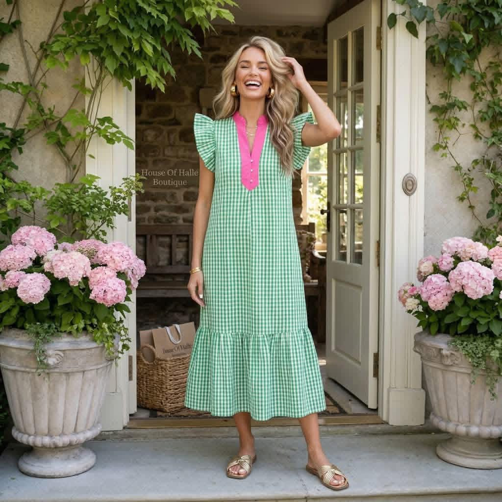 Bright Green Summer Color-Blocked Plaid Pattern Midi Dress