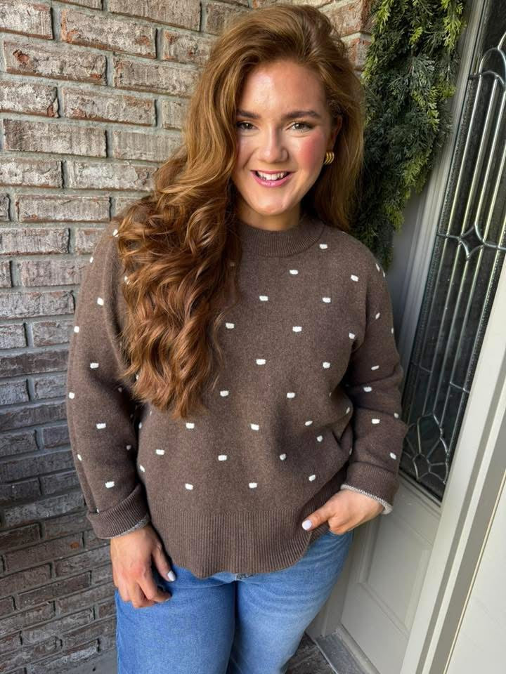 Coffee Dotted Print Ribbed Edge Knit Sweater - PREORDER