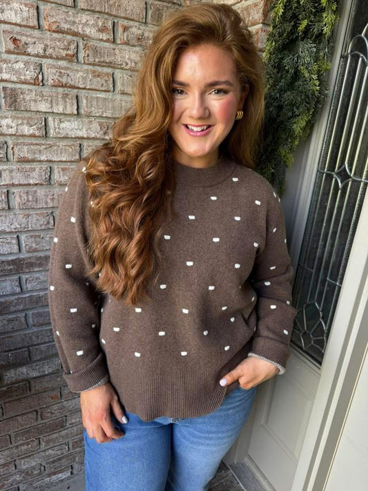 Coffee Dotted Print Ribbed Edge Knit Sweater - PREORDER