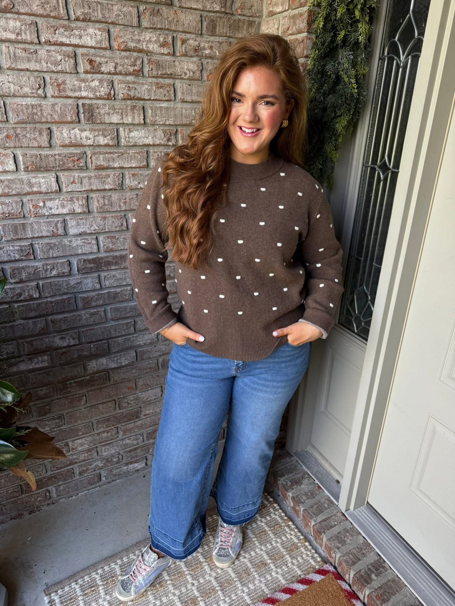Coffee Dotted Print Ribbed Edge Knit Sweater - PREORDER