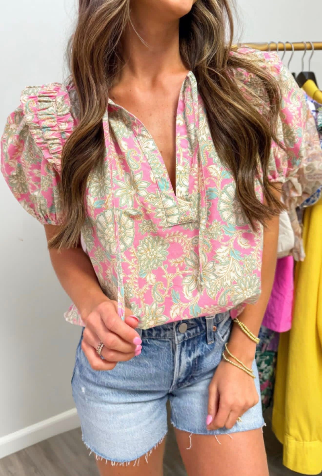 Pink Tie V Neck Floral Short Puff Sleeve Blouse