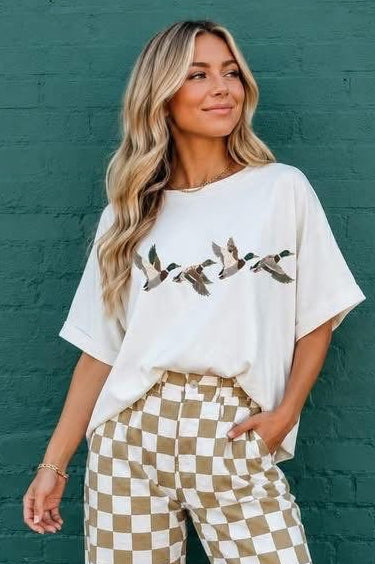 White Flying Mallard Duck Graphic Cuffed Sleeve Oversized Tee - PREORDER