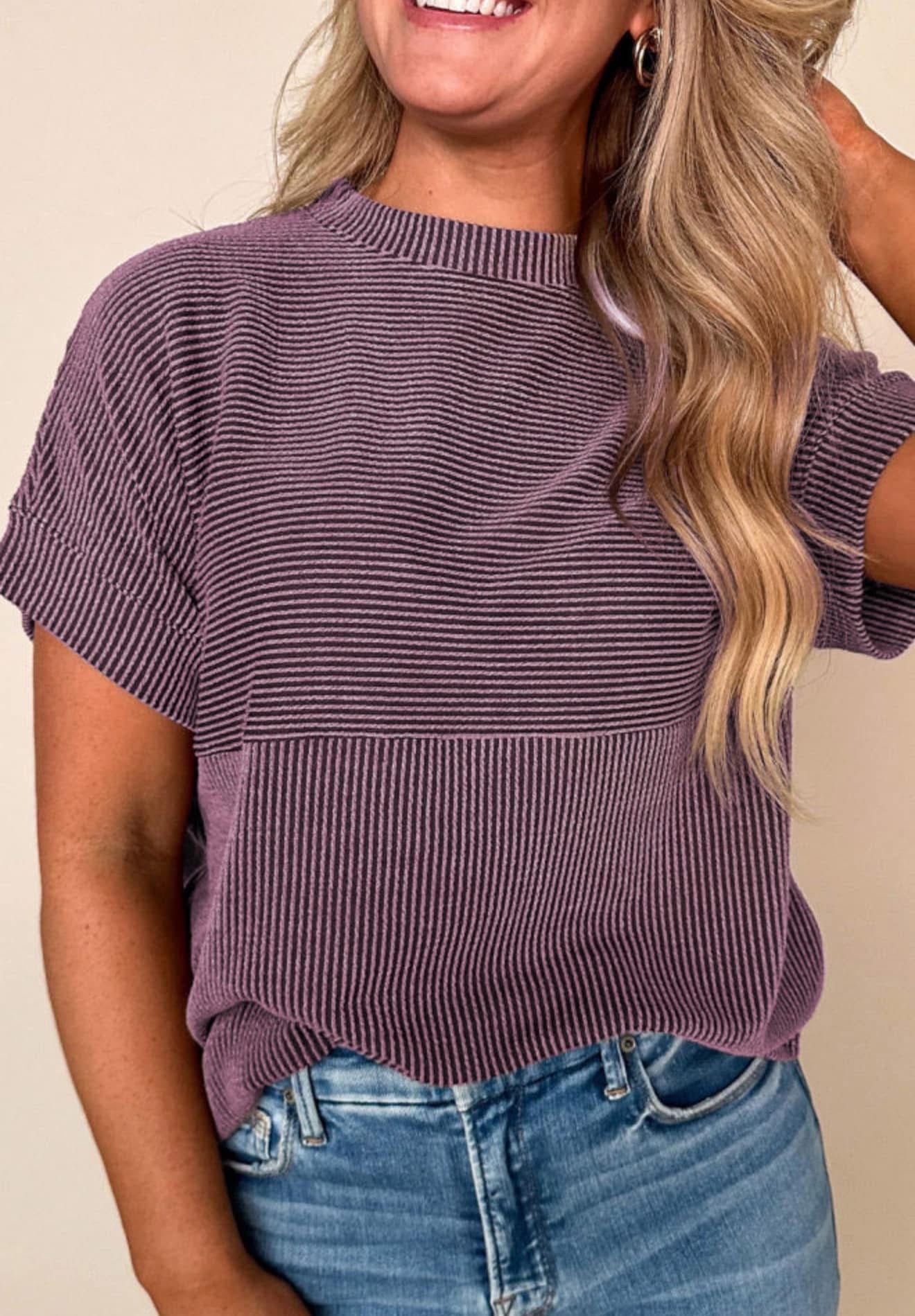 Plain Corded Knit Mock Neck T Shirt PREORDER