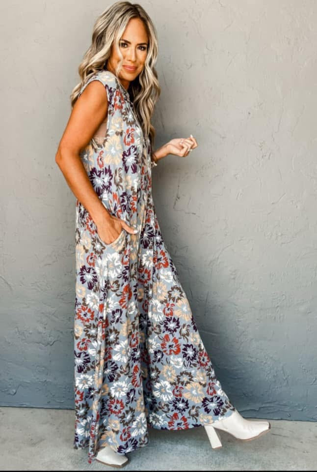 Sky Blue Floral Sleeveless Buttoned Pocketed Wide Leg Jumpsuit PREORDER