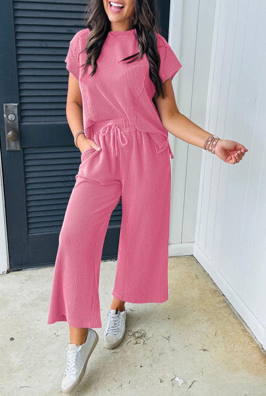 Bright Pink Solid Corded Knit Short Sleeve T Shirt and Wide Leg Pants Set PREORDER