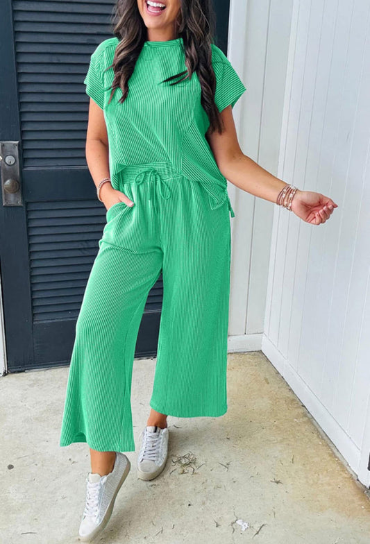 Bright Green Solid Corded Knit Short Sleeve T Shirt and Wide Leg Pants Set PREORDER