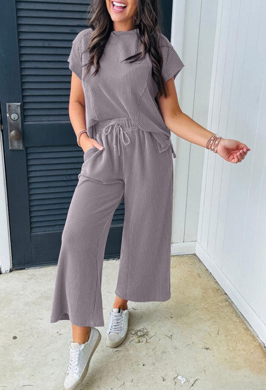 Wild Wind Solid Corded Knit Short Sleeve T Shirt and Wide Leg Pants Set PREORDER