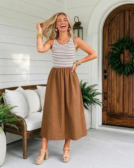 Chestnut Striped Colorblock Patchwork Sleeveless Casual Long Dress - PREORDER