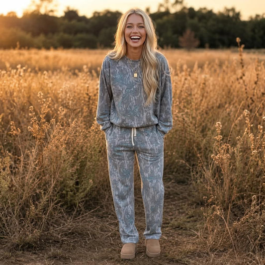 Camo Print Loose Pullover Drawstring Pants 2pcs Set - PREORDER