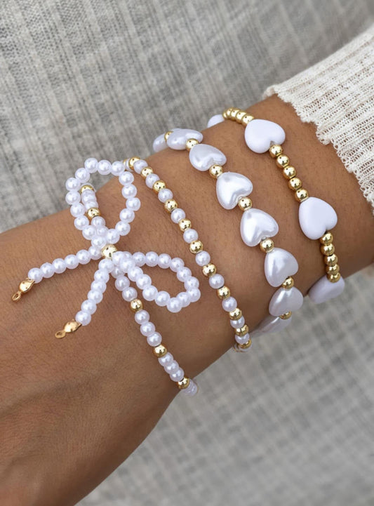 Pearl Bow + Heart Bracelet Set