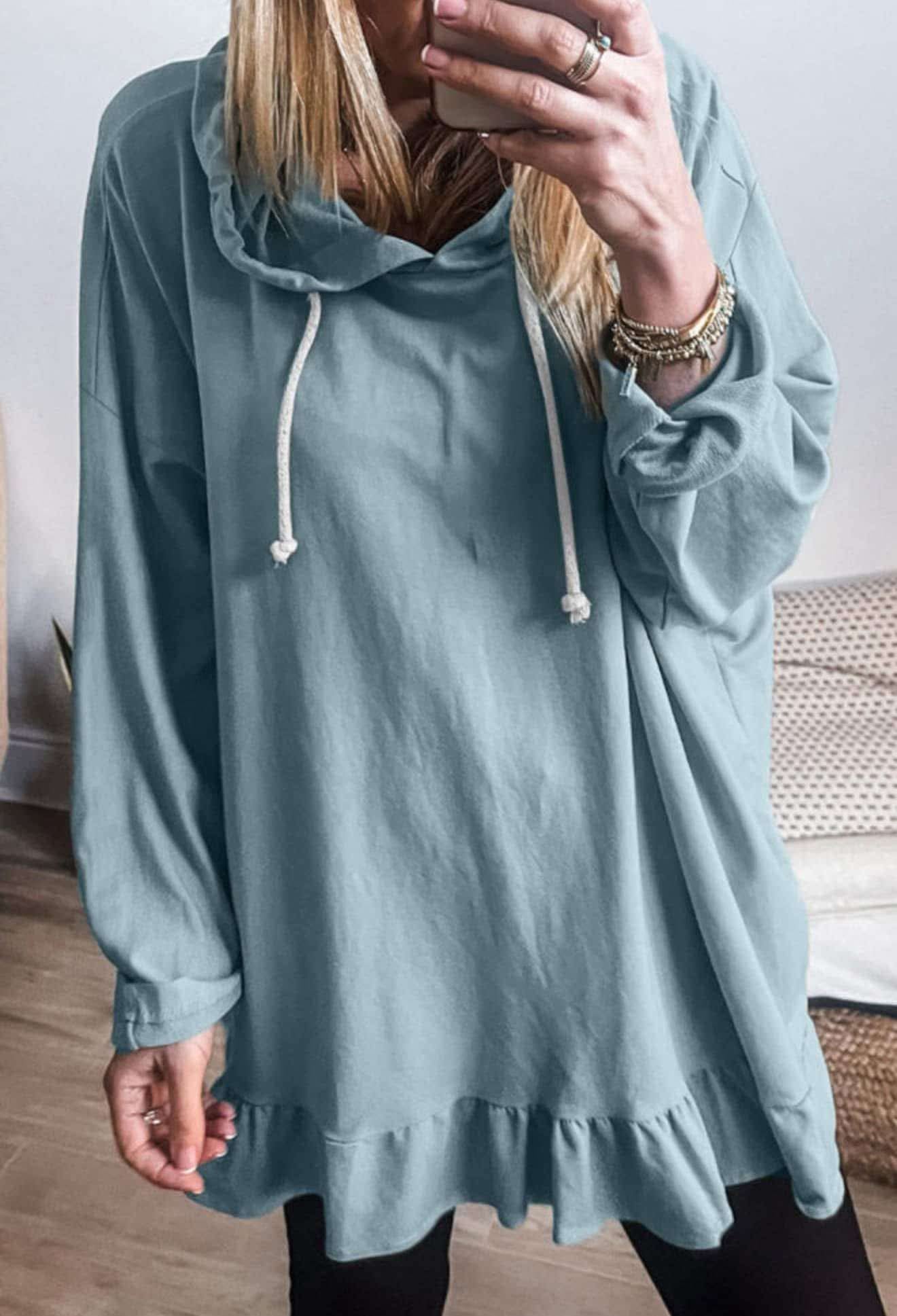 Iceland Blue Solid Ruffled Hem Loose Fit Tunic Hoodie PREORDER