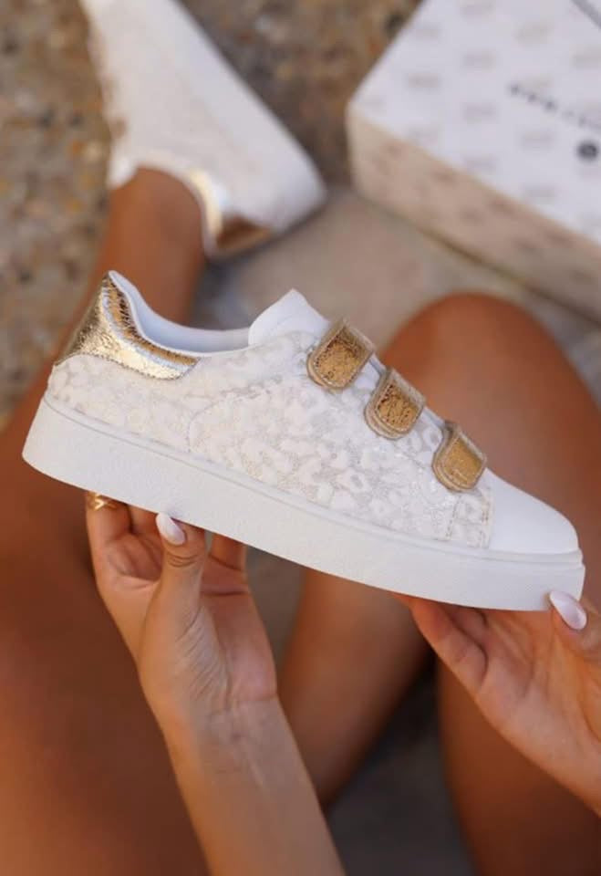 White Leopard Color Block Velcro Straps Faux Leather Sneakers PREORDER