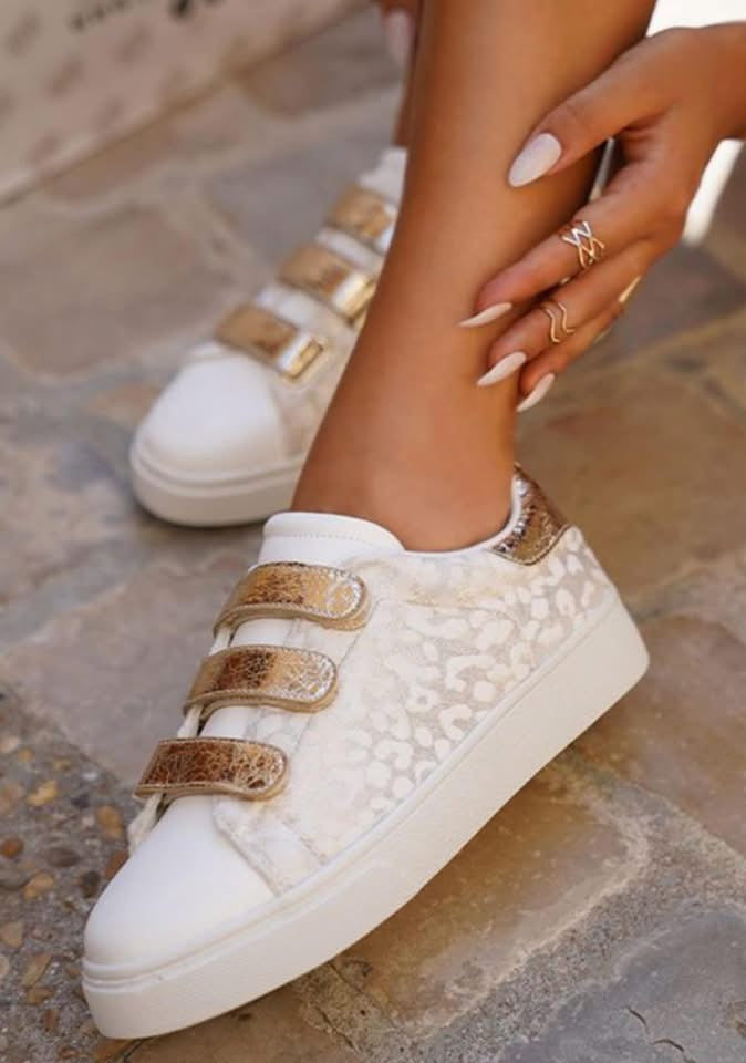 White Leopard Color Block Velcro Straps Faux Leather Sneakers PREORDER