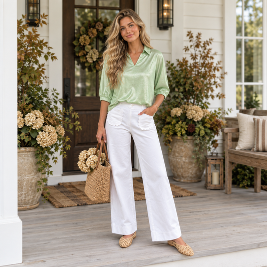 Clearly Aqua Collared V Neck Half Sleeve Metallic Top