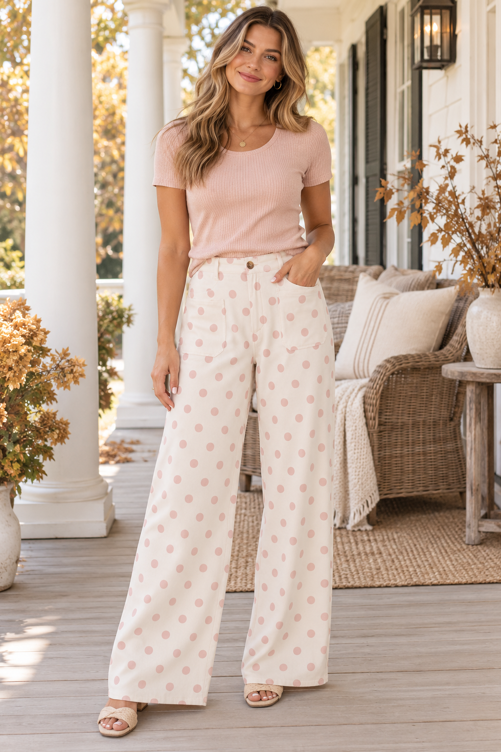White Polka Dot Print Patched Pocket Loose Pants