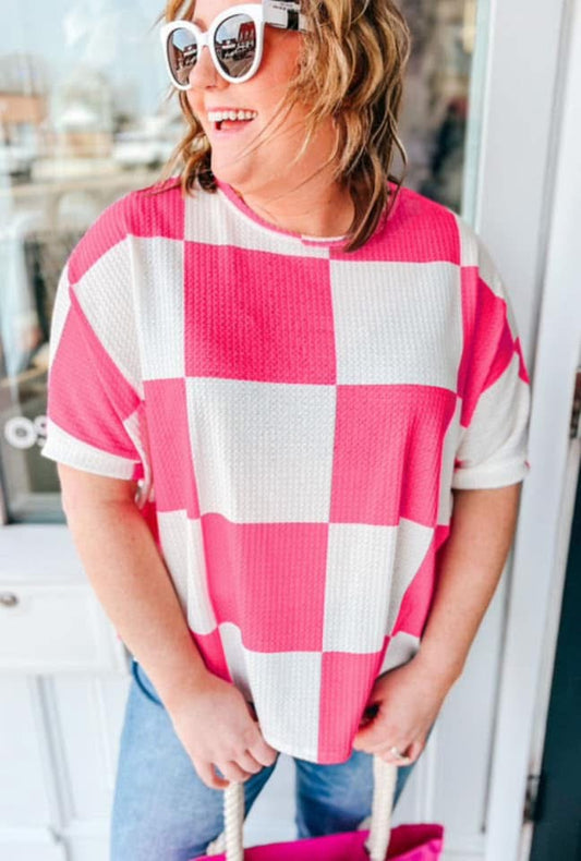 White Textured Checkerboard Round Neck Plus Size T Shirt PREORDER