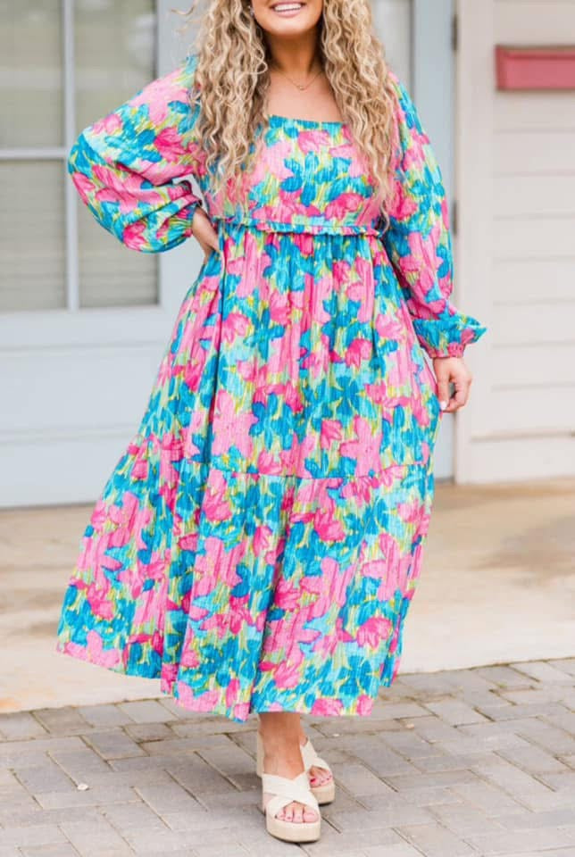 Sky Blue Floral Allover Print Shirred Square Neck Plus Size Maxi Dress