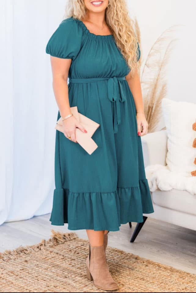 Frilled U Neck Puff Sleeve Belted Ruffle Hem Plus Size Midi Dress PREORDER