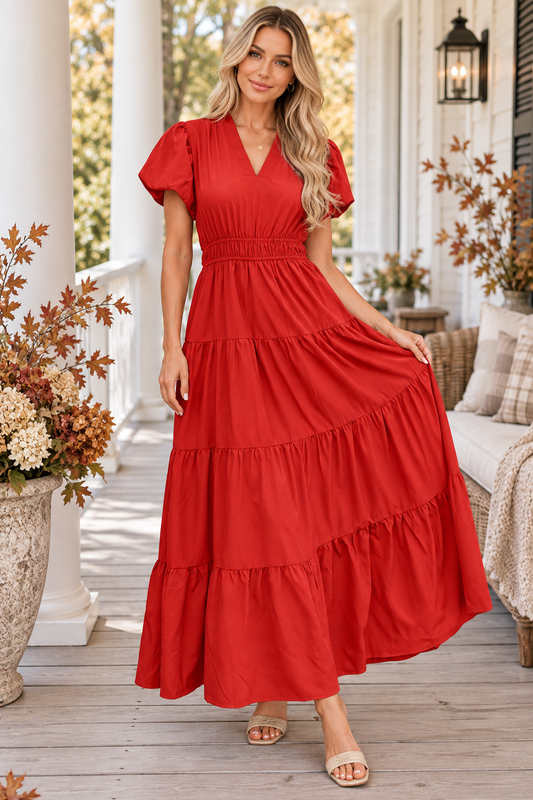 Red Solid Color V Neck Short Puff Sleeve High Waist Tiered Maxi Dress