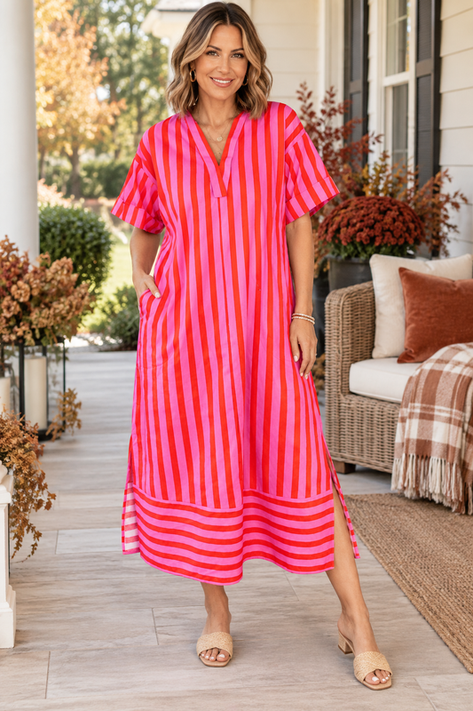 Red Stripe V Neck Cuffed Sleeve Relaxed Split Midi Dress