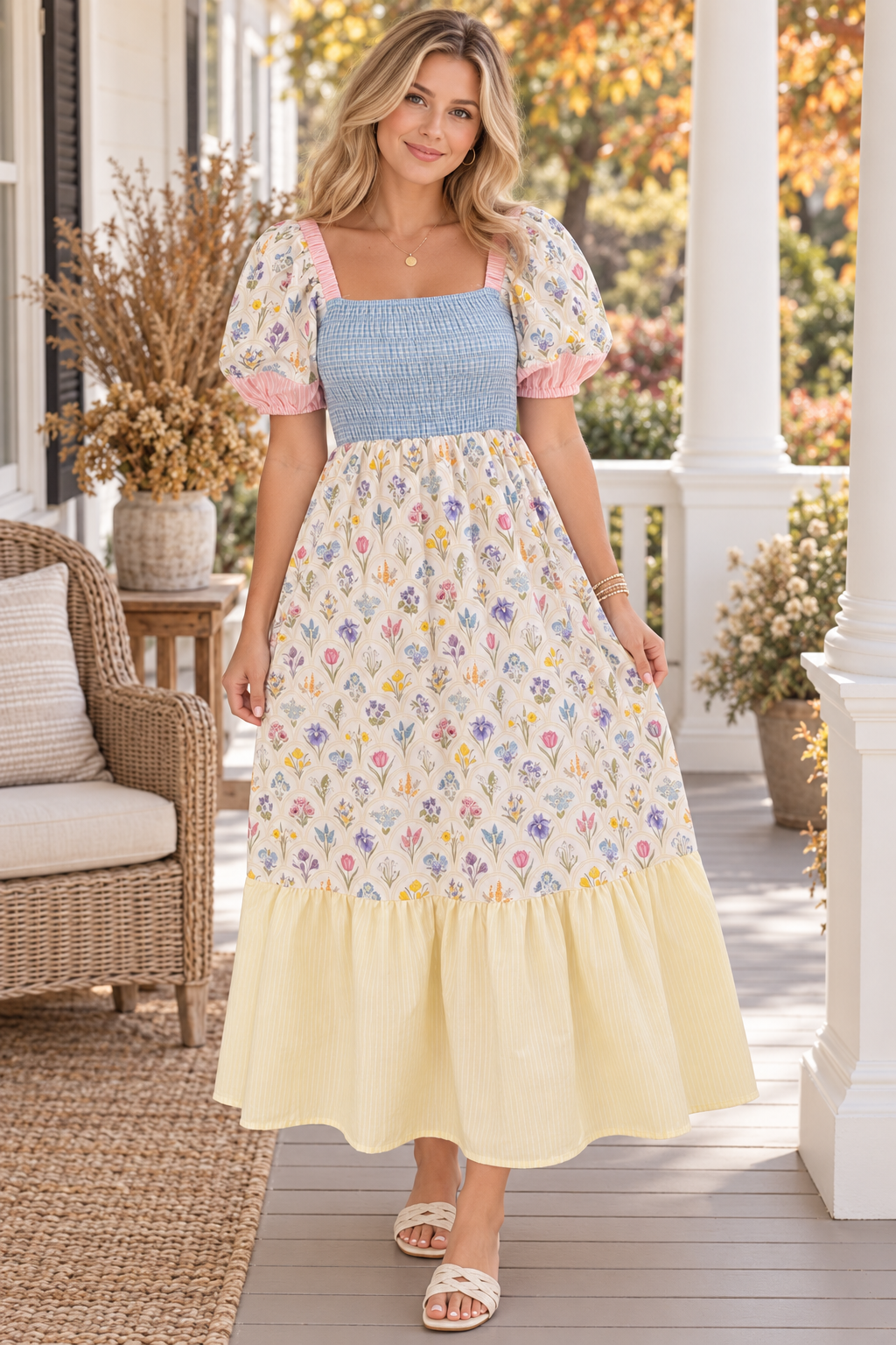 Multicolour Floral Print Striped Color Block Patchwork Square Neck Shirred Long Dress
