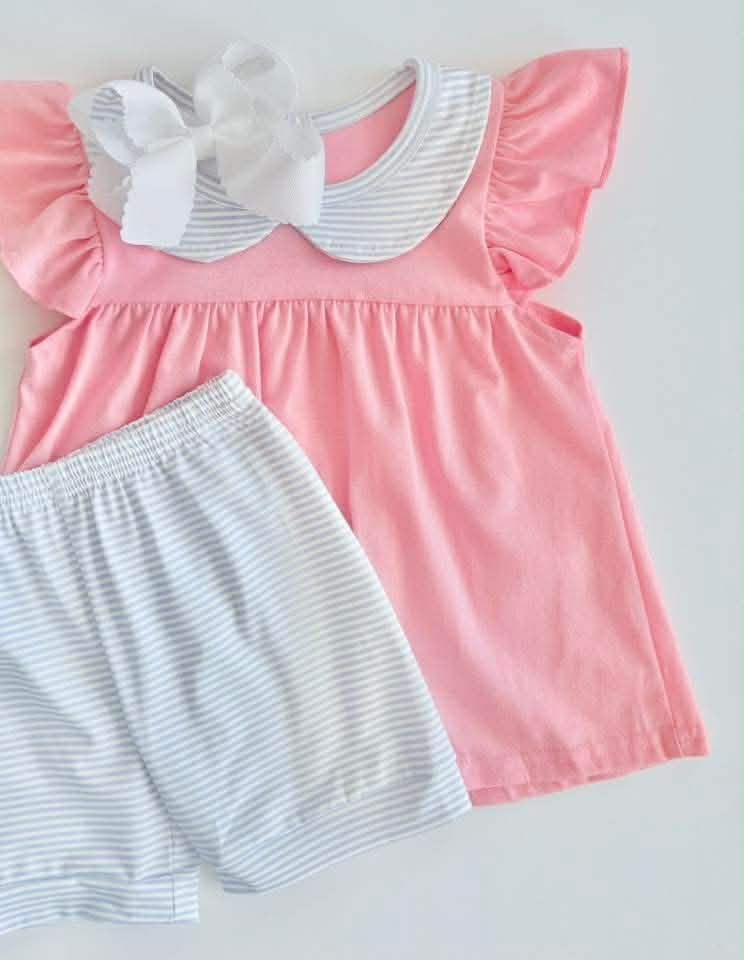 Girls Pink With Blue & White Stripes Summer Set- PREORDER