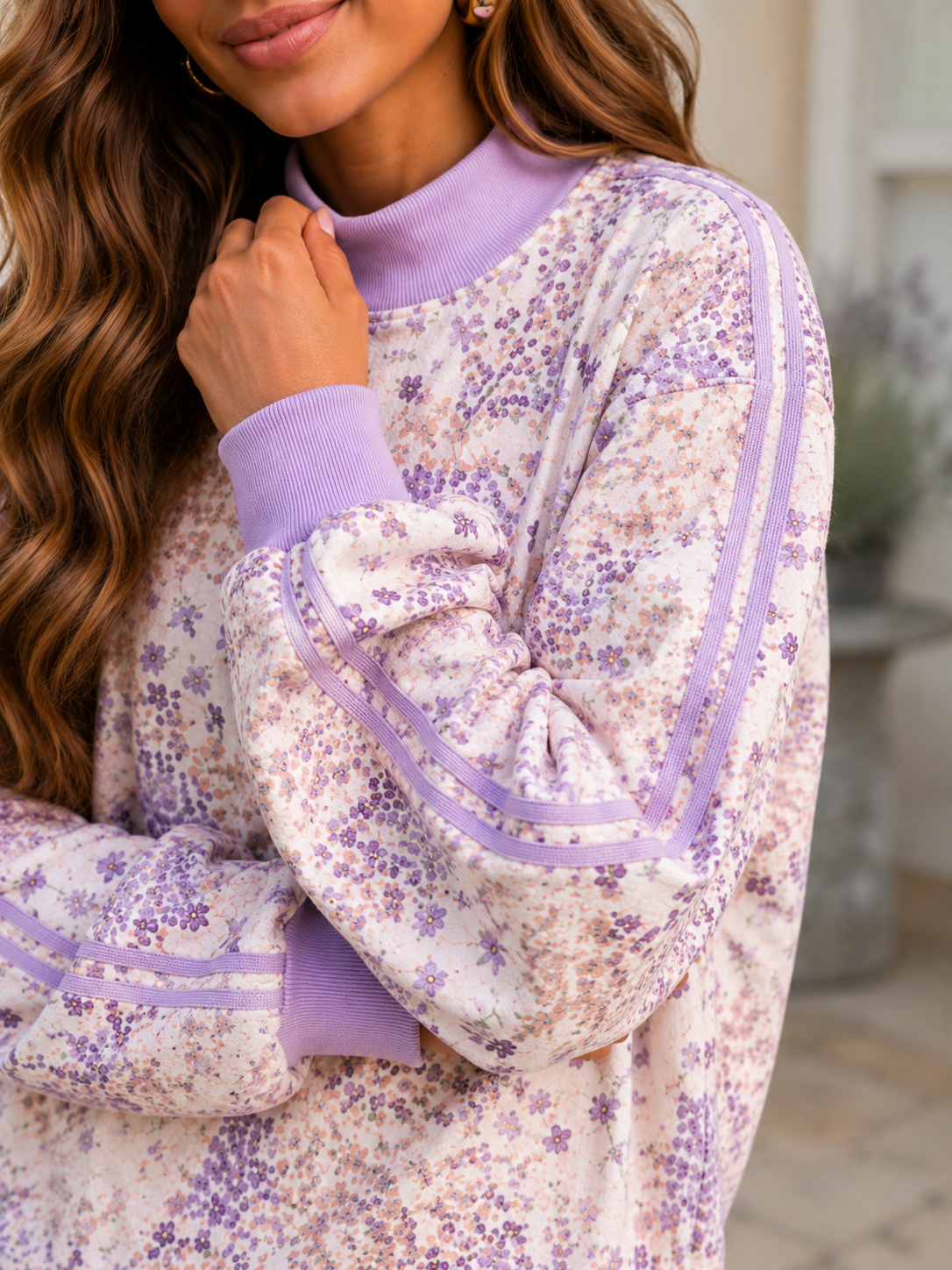 Purple Floral Print High Neck Colorblock Sleeve Paneling Sweatshirt - PREORDER