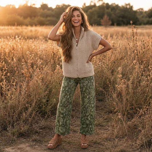 Green Paisley Print Harem Denim Pants - PREORDER