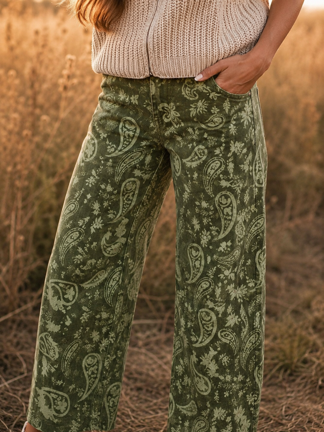 Green Paisley Print Harem Denim Pants - PREORDER