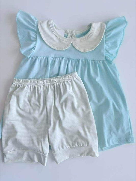 Girls Light Blue With Green & White Stripes Summer Set- PREORDER