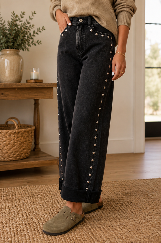 Black Decorative Studs Casual Daily Wear Jeans - PREORDER