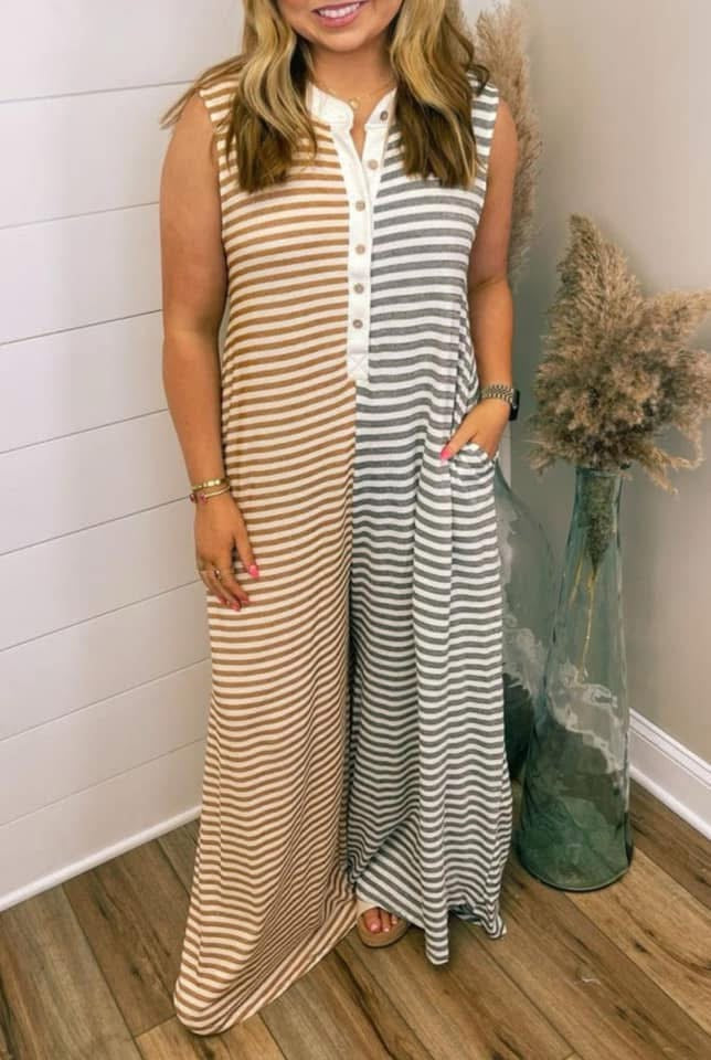 Gray Stripe Plus Size Color Block Buttoned Sleeveless Wide Leg Jumpsuit PREORDER