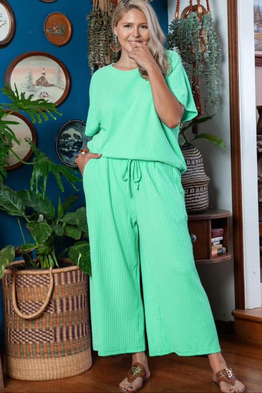 Mint Green Textured Batwing Sleeve Tee Wide Leg Pants Plus Size Set PREORDER