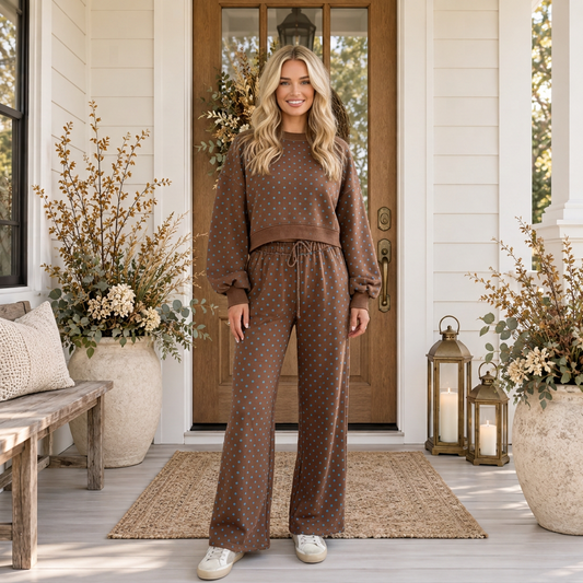Brown Polka Dot Drawstring Wide Leg Long Sleeve Top Pant Set - PREORDER