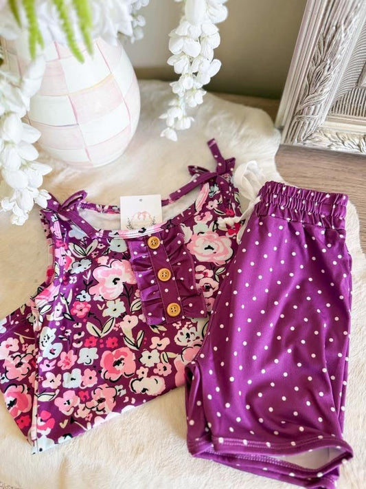 GIRLS PURPLE FLORAL SUMMER SHORT SET